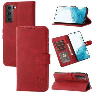 For Samsung Galaxy S22+ 5G Embossed Happy Cat Pattern Horizontal Flip Leather Phone Case(Red)