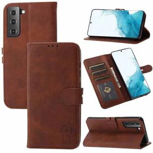 For Samsung Galaxy S22+ 5G Embossed Happy Cat Pattern Horizontal Flip Leather Phone Case(Brown)