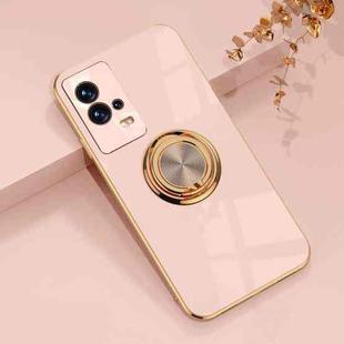 For vivo iQOO8 6D Electroplating Full Coverage Silicone Protective Case with Magnetic Ring Holder(Light Pink)