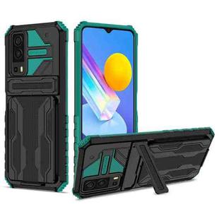 For vivo Y72 5G / Y53s Armor Card PC + TPU Shockproof Phone Case with Card Slot & Invisible Holder(Dark Green)