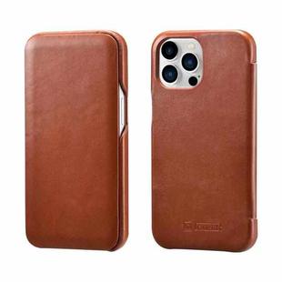 For iPhone 13 Pro ICARER First Layer Cowhide Horizontal Flip Phone Case (Brown)