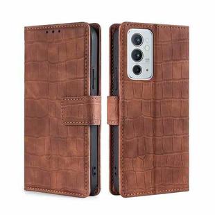 For OnePlus 9RT 5G Skin Feel Crocodile Texture Magnetic Clasp Horizontal Flip Leather Phone Case with Holder & Card Slots & Wallet(Brown)