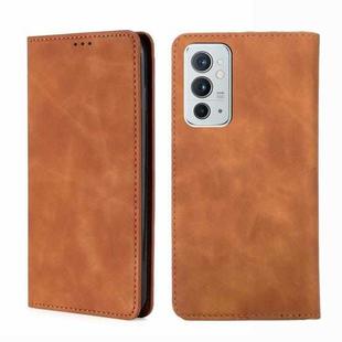 For OnePlus 9RT 5G Skin Feel Magnetic Horizontal Flip Leather Phone Case with Holder & Card Slots(Light Brown)