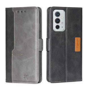 For OnePlus 9RT 5G Retro Texture Contrast Color Side Buckle Horizontal Flip Leather Phone Case with Holder & Card Slots & Wallet(Black+Grey)