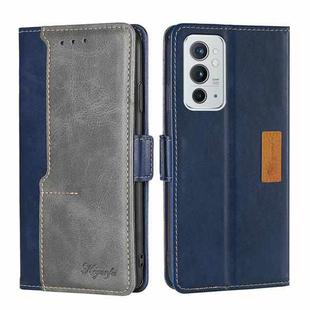 For OnePlus 9RT 5G Retro Texture Contrast Color Side Buckle Horizontal Flip Leather Phone Case with Holder & Card Slots & Wallet(Blue+Grey)