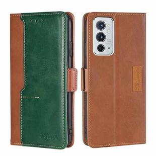 For OnePlus 9RT 5G Retro Texture Contrast Color Side Buckle Horizontal Flip Leather Phone Case with Holder & Card Slots & Wallet(Light Brown+Green)