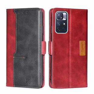 For Xiaomi Redmi Note 11 Retro Texture Contrast Color Side Buckle Horizontal Flip Leather Phone Case with Holder & Card Slots & Wallet(Red+Black)