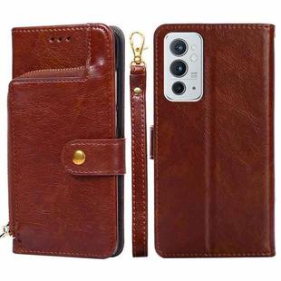 For OnePlus 9RT 5G Zipper Bag Horizontal Flip Leather Phone Case with Holder & Card Slots & Lanyard(Brown)