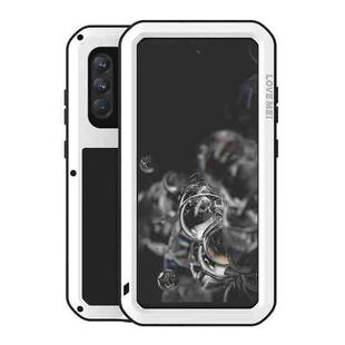 For Samsung Galaxy S21 FE LOVE MEI Metal Shockproof Waterproof Dustproof Protective Phone Case with Glass(White)