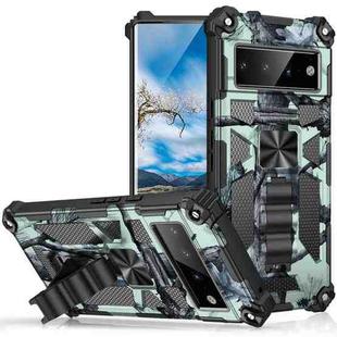 For Google Pixel 6 Pro Camouflage Armor Shockproof TPU + PC Magnetic Phone Case with Holder(Mint Green)