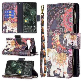 For Google Pixel 6 Pro Colored Drawing Pattern Zipper Horizontal Flip Phone Leather Case with Holder & Card Slots & Wallet(Flower Elephants)