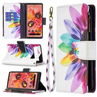 For Google Pixel 6 Colored Drawing Pattern Zipper Horizontal Flip Phone Leather Case with Holder & Card Slots & Wallet(Sun Flower)