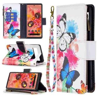 For Google Pixel 6 Colored Drawing Pattern Zipper Horizontal Flip Phone Leather Case with Holder & Card Slots & Wallet(Two Butterflies)