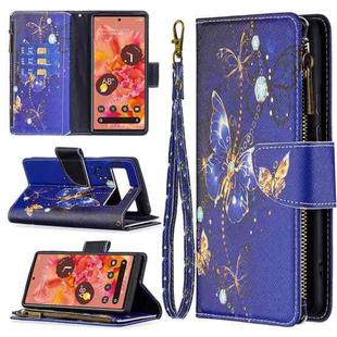 For Google Pixel 6 Colored Drawing Pattern Zipper Horizontal Flip Phone Leather Case with Holder & Card Slots & Wallet(Purple Butterfly)