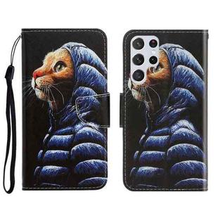 For Samsung Galaxy S22 Ultra 5G 3D Colored Drawing Horizontal Flip Leather Phone Case(Down Jacket Cat)
