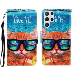 For Samsung Galaxy S22 Ultra 5G 3D Colored Drawing Horizontal Flip Leather Phone Case(Underwater Cat)