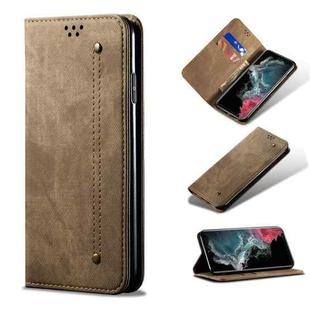 For Samsung Galaxy S22 Ultra 5G Denim Texture Casual Style Horizontal Flip Leather Case with Holder & Card Slots & Wallet(Khaki)