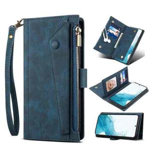 For Samsung Galaxy S22 5G Retro Frosted Horizontal Flip Leather Phone Case with Holder & Card Slot & Wallet & Zipper Pocket & Lanyard(Blue)