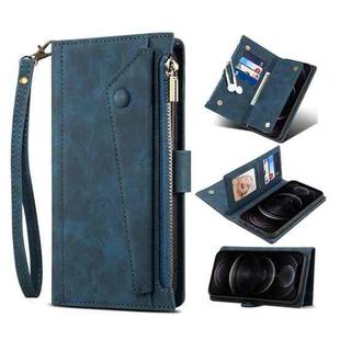 For Samsung Galaxy S22 Ultra 5G Retro Frosted Horizontal Flip Leather Phone Case with Holder & Card Slot & Wallet & Zipper Pocket & Lanyard(Blue)