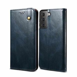 For Samsung Galaxy S22 Ultra 5G Simple Wax Crazy Horse Texture Horizontal Flip Leather Phone Case with Card Slots & Holder(Blue)