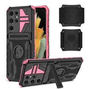 For Samsung Galaxy S21 Ultra 5G Kickstand Detachable Armband Phone Case(Pink)