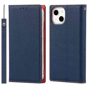 For iPhone 13 Litchi Texture Genuine Leather Phone Case With Lanyard & Holder & Card Slots & Wallet(Dark Blue)