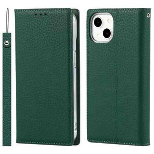 For iPhone 13 Litchi Texture Genuine Leather Phone Case With Lanyard & Holder & Card Slots & Wallet(Dark Green)