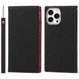 For iPhone 13 Pro Litchi Texture Genuine Leather Phone Case With Lanyard & Holder & Card Slots & Wallet (Black)