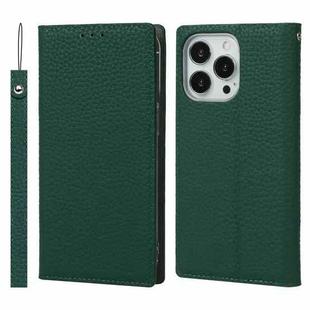 For iPhone 13 Pro Litchi Texture Genuine Leather Phone Case With Lanyard & Holder & Card Slots & Wallet (Dark Green)