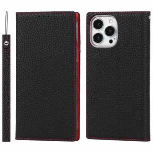 For iPhone 13 Pro Max Litchi Texture Genuine Leather Phone Case With Lanyard & Holder & Card Slots & Wallet (Black)