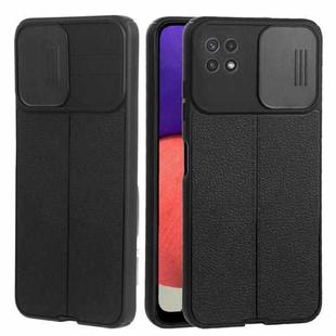 For Samsung Galaxy A22 5G Litchi Texture Sliding Camshield TPU Phone Case(Black)
