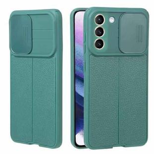 For Samsung Galaxy S21+ 5G Litchi Texture Sliding Camshield TPU Phone Case(Dark Green)