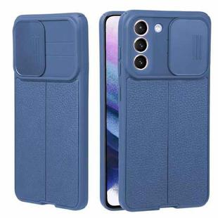 For Samsung Galaxy S21+ 5G Litchi Texture Sliding Camshield TPU Phone Case(Blue)