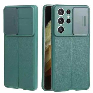 For Samsung Galaxy S21 Ultra 5G Litchi Texture Sliding Camshield TPU Phone Case(Dark Green)