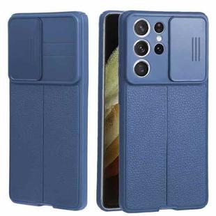 For Samsung Galaxy S21 Ultra 5G Litchi Texture Sliding Camshield TPU Phone Case(Blue)