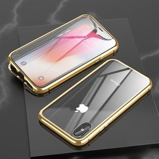 For iPhone X / XS Ultra Slim Double Sides Magnetic Adsorption Angular Frame Tempered Glass Magnet Flip Case(Gold)