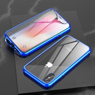 For iPhone XR Ultra Slim Double Sides Magnetic Adsorption Angular Frame Tempered Glass Magnet Flip Case(Blue)