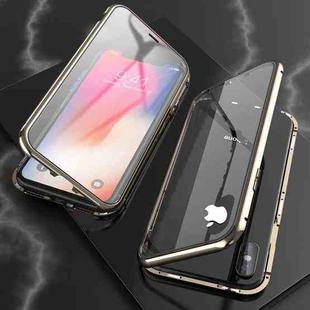 For iPhone XS Max Ultra Slim Double Sides Magnetic Adsorption Angular Frame Tempered Glass Magnet Flip Case(Bronze)