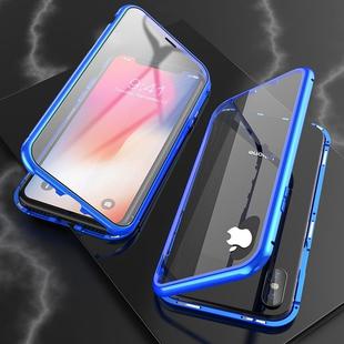 For iPhone XS Max Ultra Slim Double Sides Magnetic Adsorption Angular Frame Tempered Glass Magnet Flip Case(Blue)