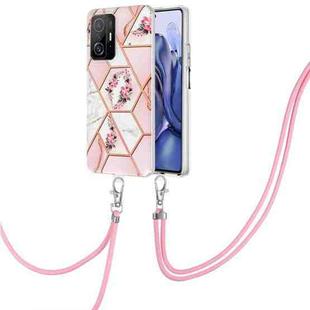 For Xiaomi Mi 11T / Mi 11T Pro Electroplating Splicing Marble Flower TPU Phone Case with Lanyard(Pink Flower)
