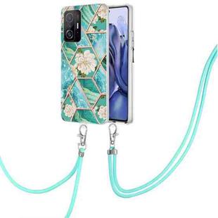 For Xiaomi Mi 11T / Mi 11T Pro Electroplating Splicing Marble Flower TPU Phone Case with Lanyard(Blue Flower)