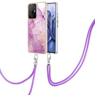 For Xiaomi Mi 11T / Mi 11T Pro Electroplating Marble IMD TPU Phone Case with Lanyard(Purple 001)