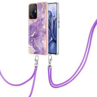 For Xiaomi Mi 11T / Mi 11T Pro Electroplating Marble IMD TPU Phone Case with Lanyard(Purple 002)