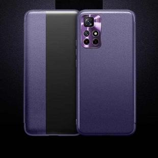 For Xiaomi Redmi Note 11 Magnetic Side Window View Shockproof Horizontal Flip Leather Phone Case(Purple)
