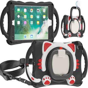 Cute Cat King Kids Shockproof Silicone Tablet Case with Holder & Shoulder Strap & Handle For iPad 9.7 2018 / 2017 / Air / Air 2 / Pro 9.7(Black Red)