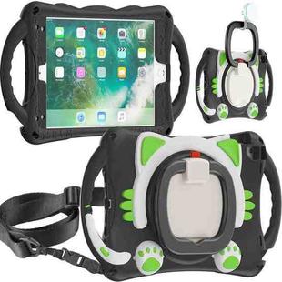 Cute Cat King Kids Shockproof Silicone Tablet Case with Holder & Shoulder Strap & Handle For iPad 9.7 2018 / 2017 / Air / Air 2 / Pro 9.7(Black Green)