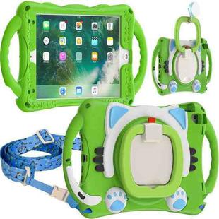Cute Cat King Kids Shockproof Silicone Tablet Case with Holder & Shoulder Strap & Handle For iPad 9.7 2018 / 2017 / Air / Air 2 / Pro 9.7(Green)