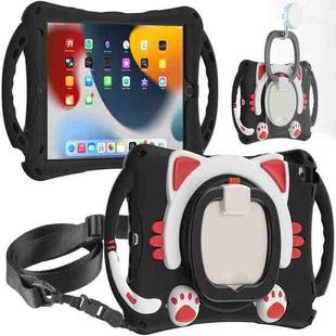 Cute Cat King Kids Shockproof Silicone Tablet Case with Holder & Shoulder Strap & Handle For iPad 10.2 2019 / 2020 / 2021 / Pro 10.5(Black Red)