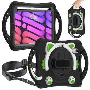 For iPad mini 6 Cute Cat King Kids Shockproof Silicone Tablet Case with Holder & Shoulder Strap & Handle(Black Green)