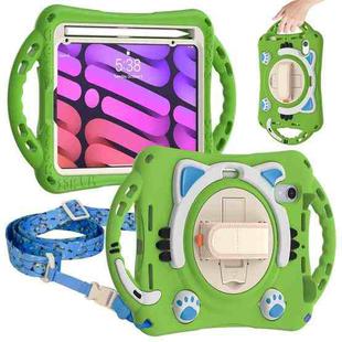 For iPad mini 6 Cute Cat King Kids Shockproof Silicone Tablet Case with Holder & Shoulder Strap & Handle(Green)